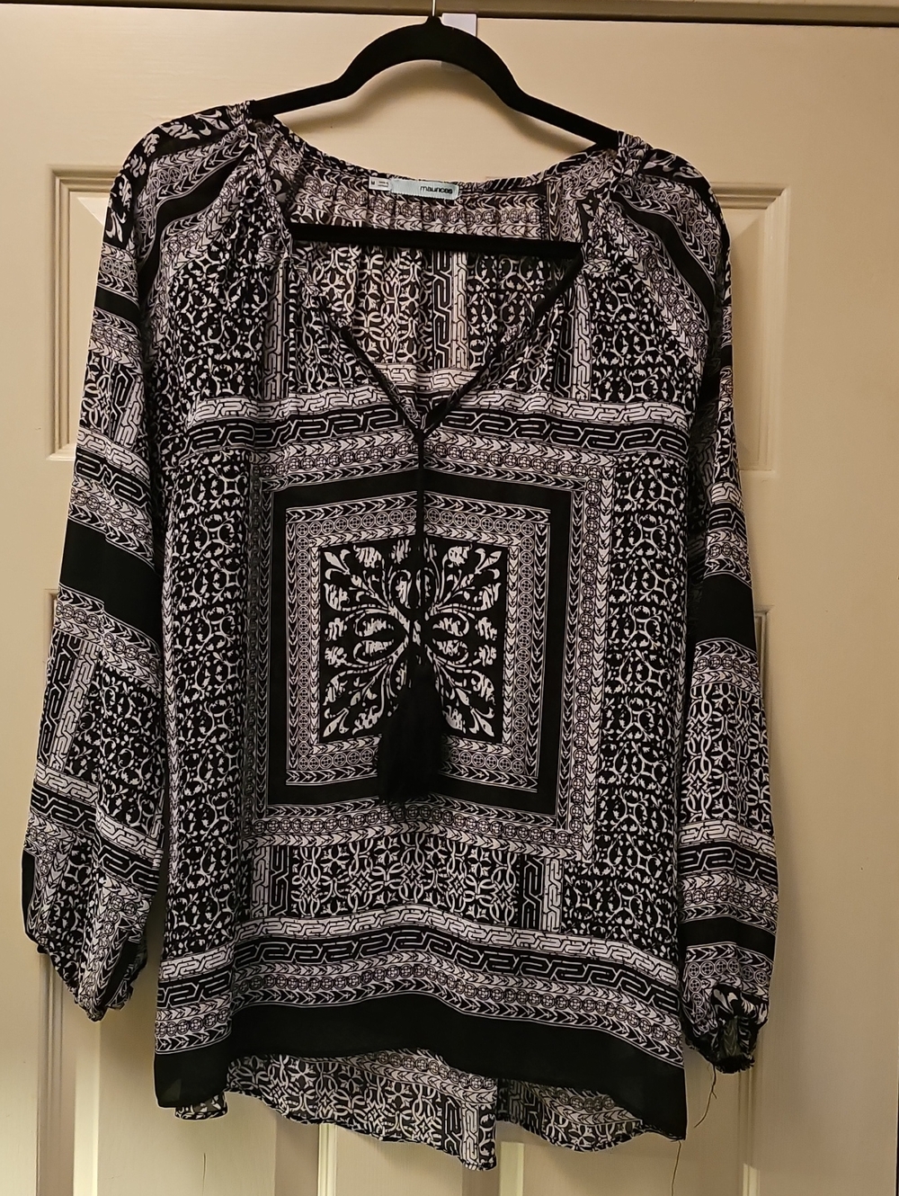 Maurices Black and White Printed Tunic with Tassel Tie